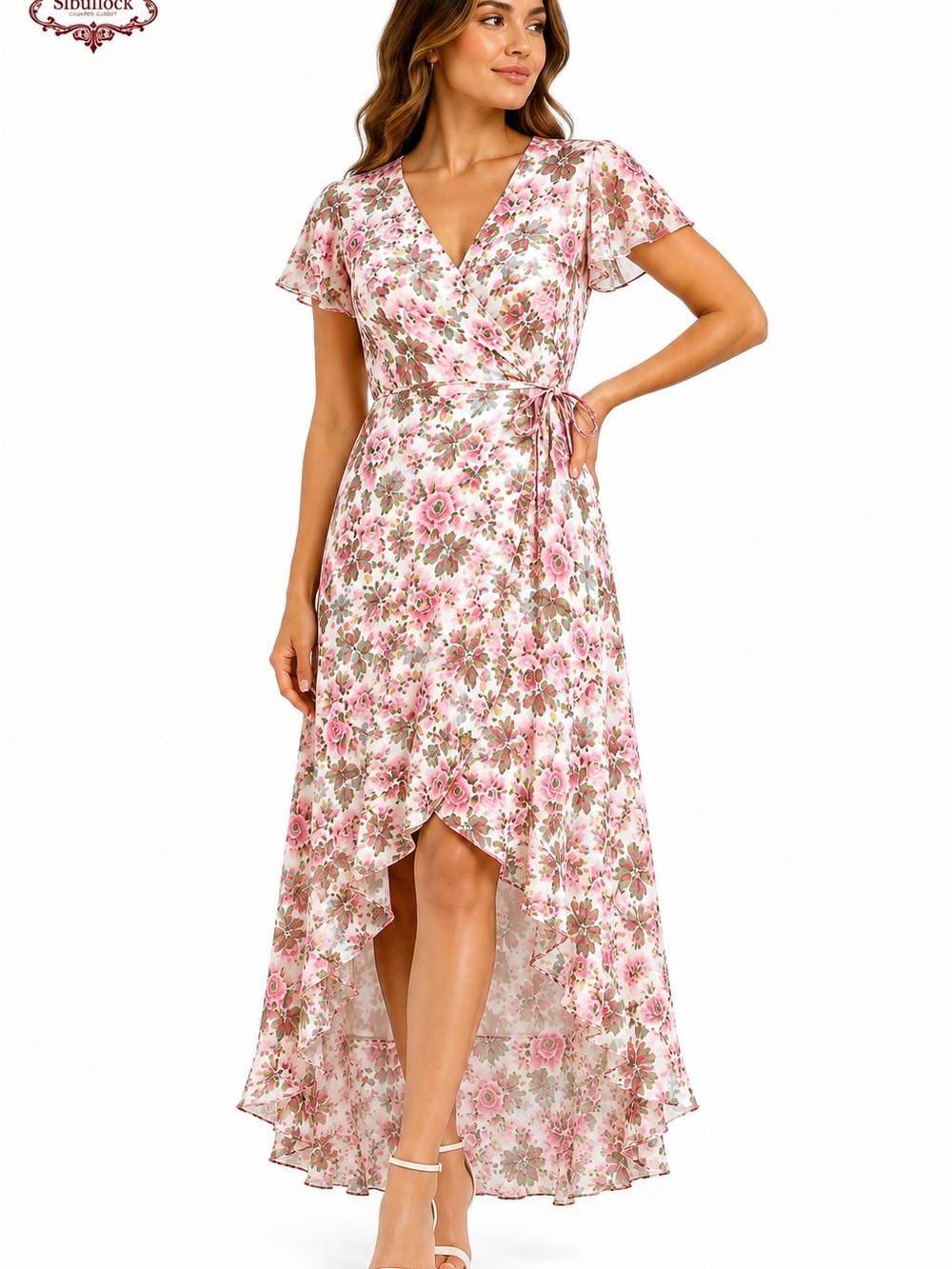 😎B3 Betsey Johnson Size 8 Pink Floral Hi-Low True Wrap Dress Wedding Guest😎